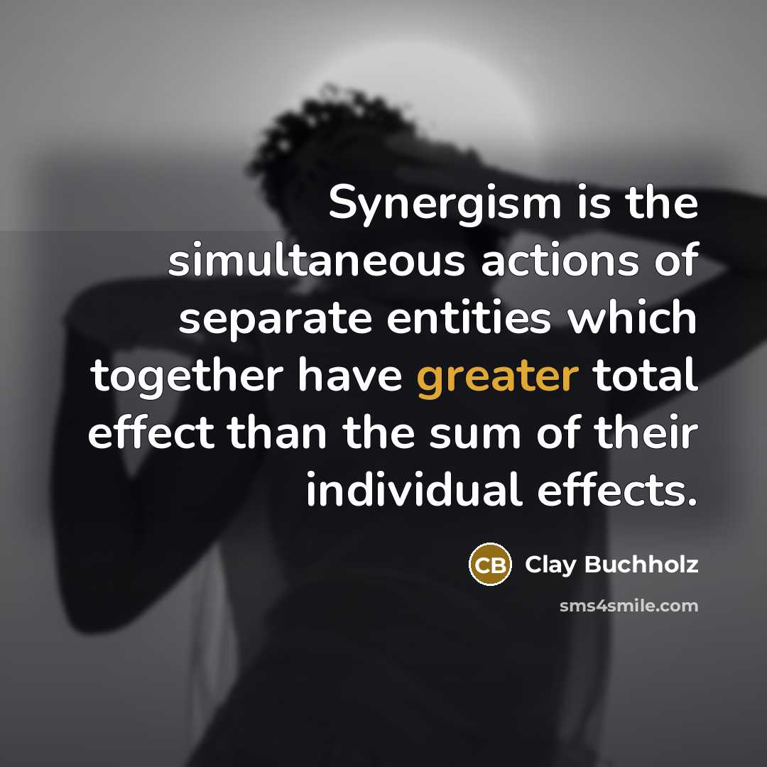 “Synergism is the simultaneous actions of separate entities which together have greater total effect than the sum of their individual effects.” quote by Clay Buchholz