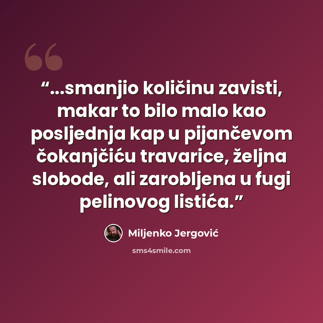 “...smanjio količinu zavisti, makar to bilo malo kao posljednja kap u pijančevom čokanjčiću travarice, željna slobode, ali zarobljena u fugi pelinovog listića.” quote by Miljenko Jergović