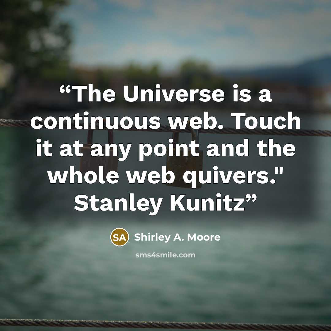 “The Universe is a continuous web. Touch it at any point and the whole web quivers." Stanley Kunitz” quote by Shirley A. Moore