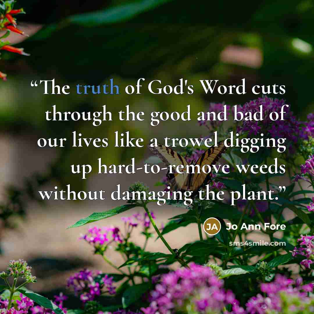 “The truth of God's Word cuts through the good and bad of our lives like a trowel digging up hard-to-remove weeds without damaging the plant.” quote by Jo Ann Fore
