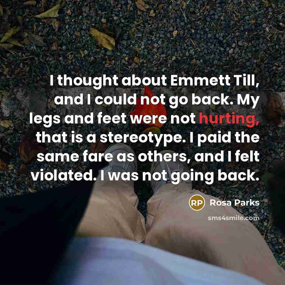“I thought about Emmett Till, and I could not go back. My legs and feet were not hurting, that is a stereotype. I paid the same fare as others, and I felt violated. I was not going back.” quote by Rosa Parks