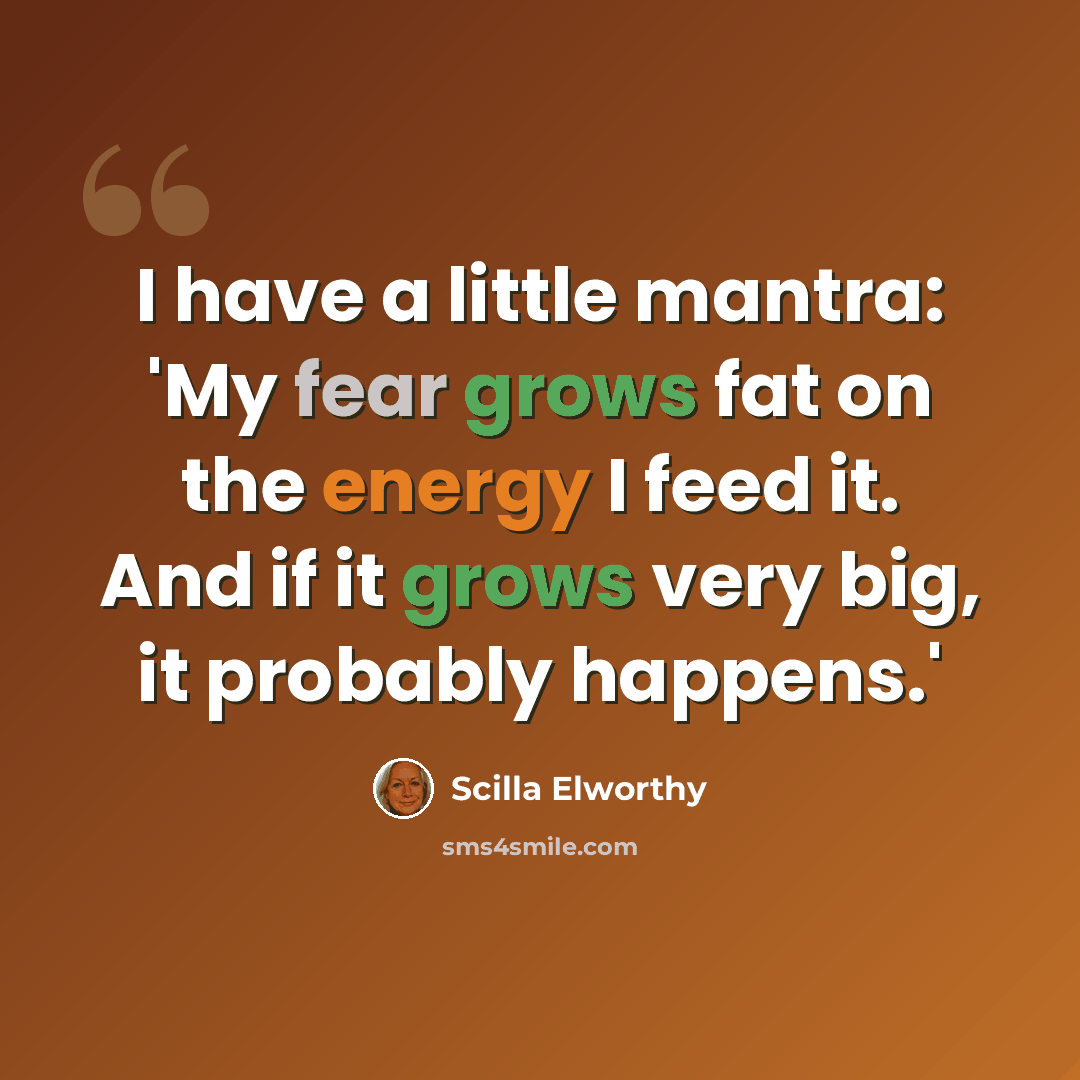 “I have a little mantra: 'My fear grows fat on the energy I feed it. And if it grows very big, it probably happens.'” quote by Scilla Elworthy
