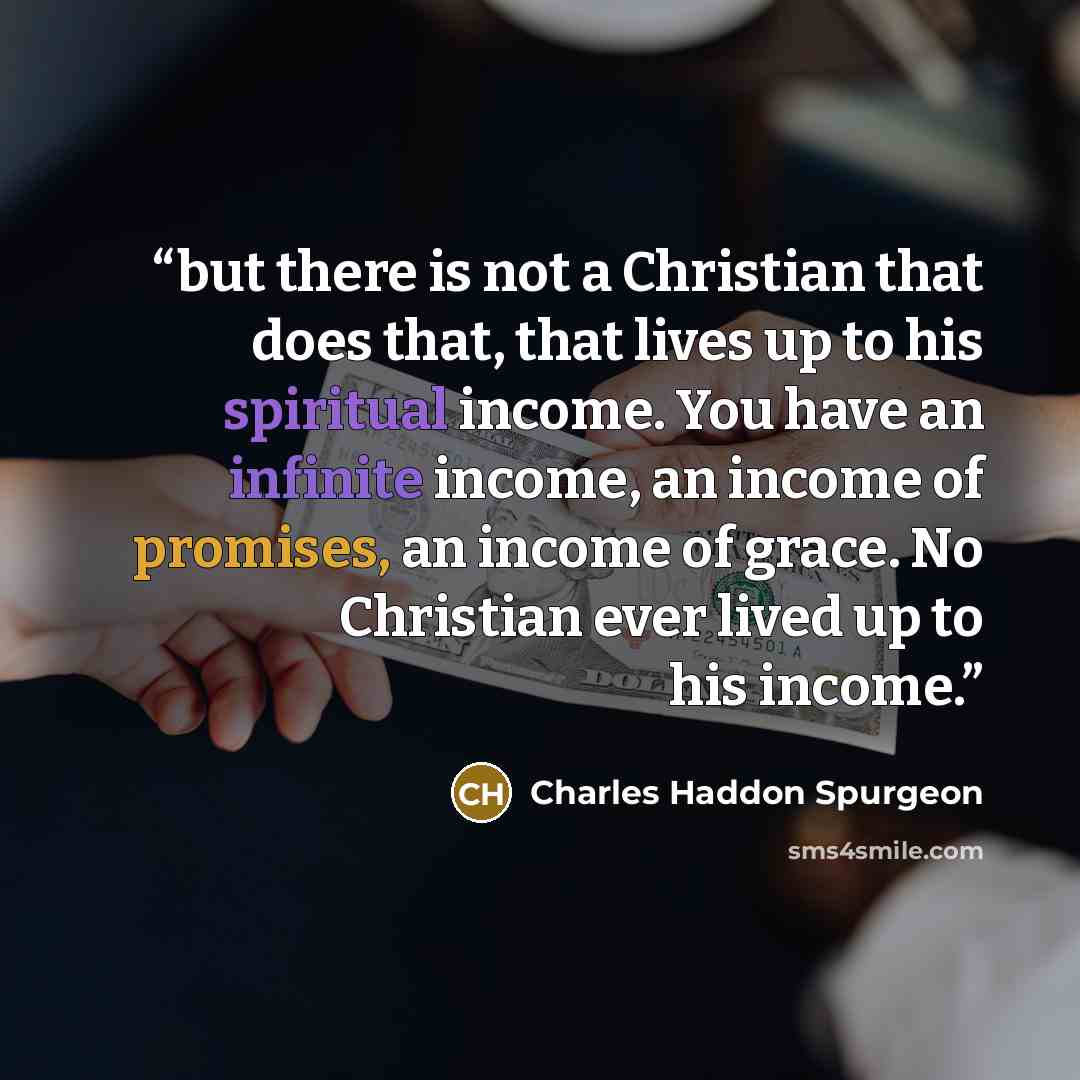 “but there is not a Christian that does that, that lives up to his spiritual income. You have an infinite income, an income of promises, an income of grace. No Christian ever lived up to his income.” quote by Charles Haddon Spurgeon