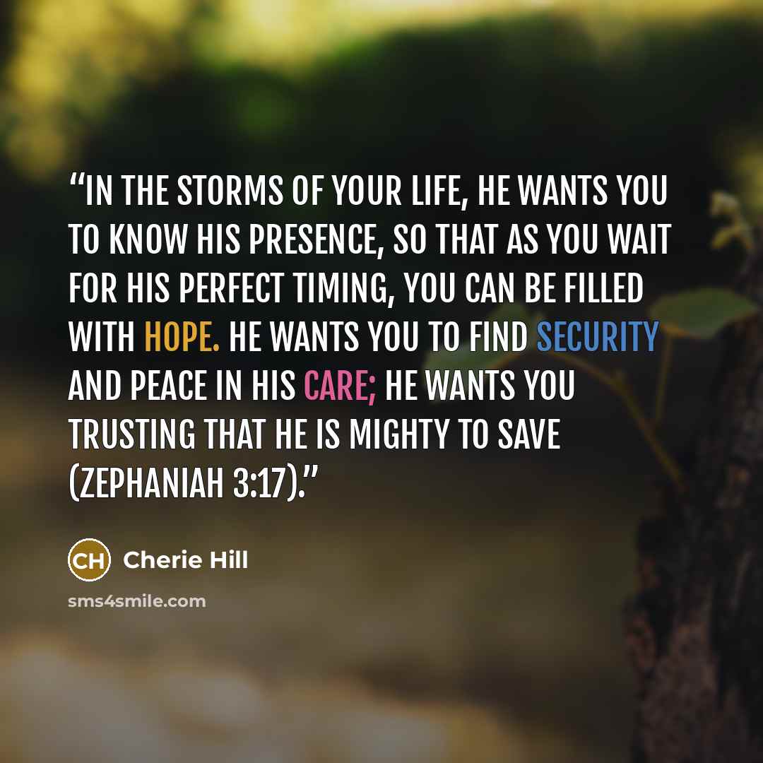 “in the storms of your life, He wants you to know His presence, so that as you wait for His perfect timing, you can be filled with hope. He wants you to find security and peace in His care; He wants you trusting that He is mighty to save (Zephaniah 3:17).” quote by Cherie Hill