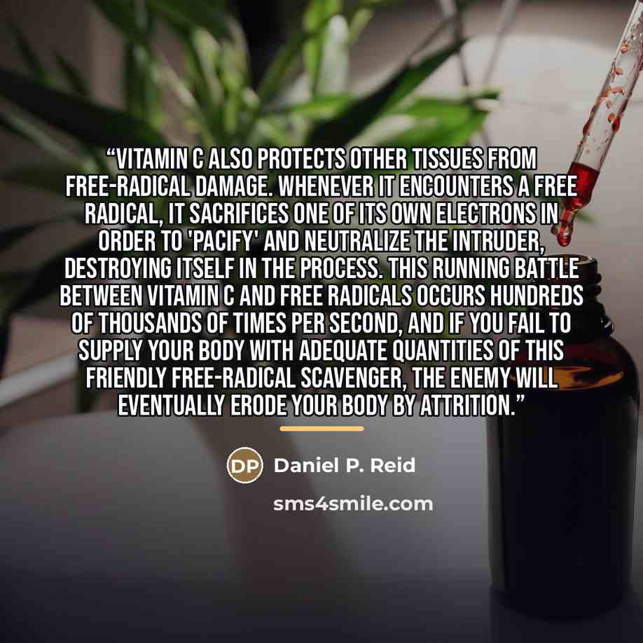 “Vitamin C also protects other tissues from free-radical damage. Whenever it encounters a free radical, it sacrifices one of its own electrons in order to 'pacify' and neutralize the intruder, destroying itself in the process. This running battle between vitamin C and free radicals occurs hundreds…” quote by Daniel P. Reid