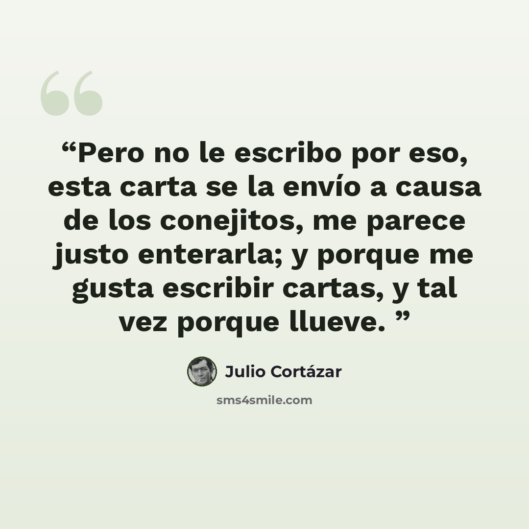 “Pero no le escribo por eso, esta carta se la envío a causa de los conejitos, me parece justo enterarla; y porque me gusta escribir cartas, y tal vez porque llueve.” quote by Julio Cortázar