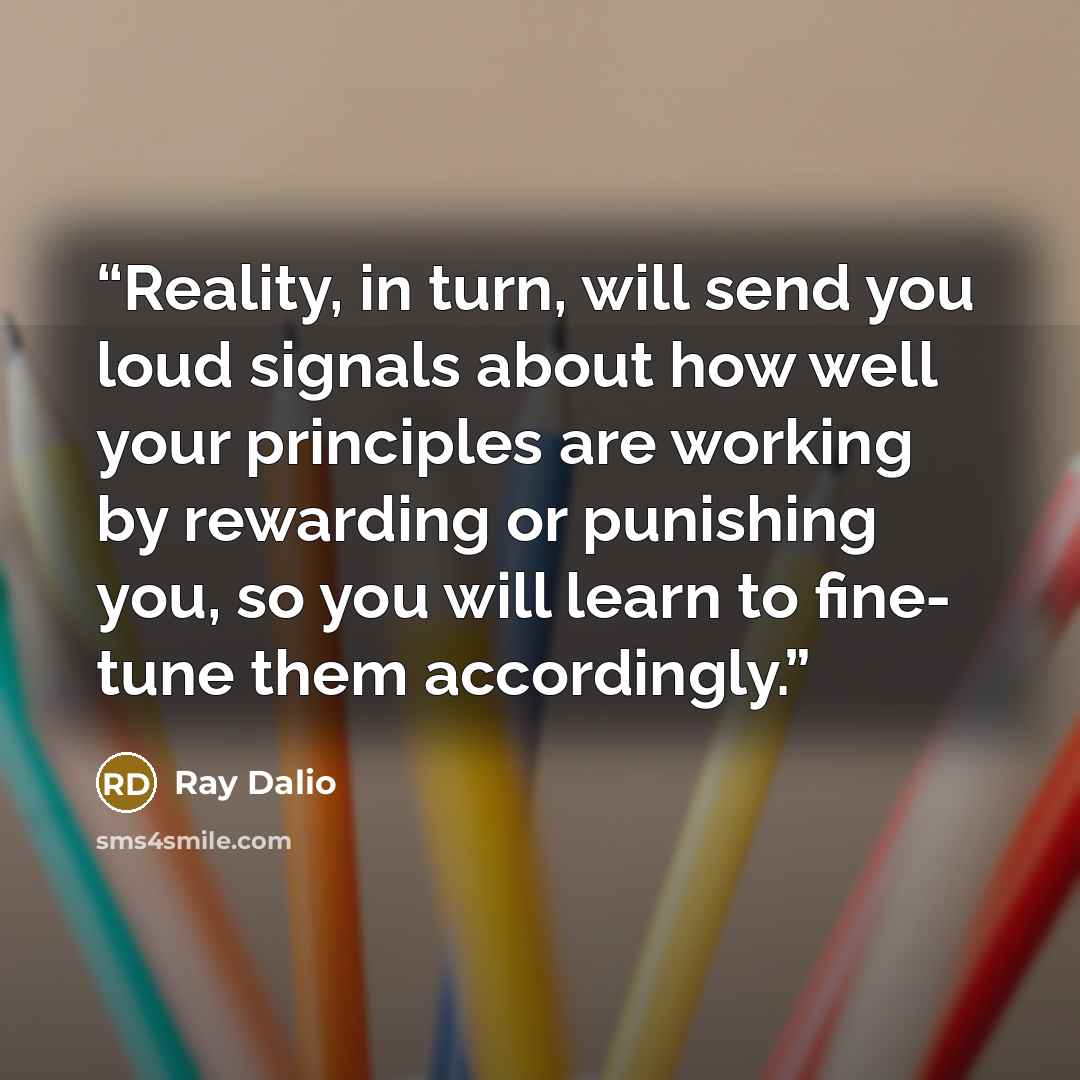 “Reality, in turn, will send you loud signals about how well your principles are working by rewarding or punishing you, so you will learn to fine- tune them accordingly.” quote by Ray Dalio