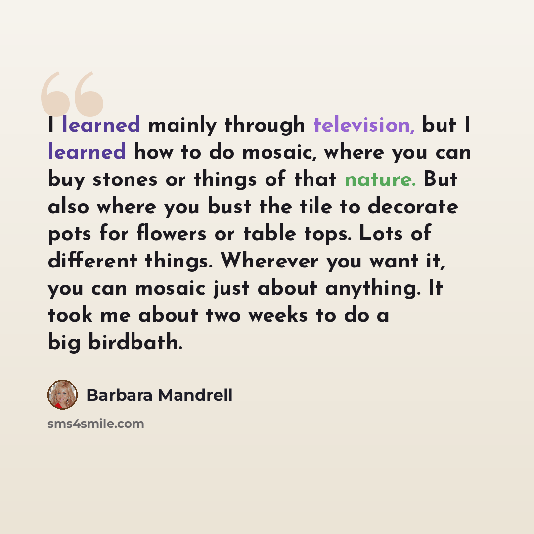 “I learned mainly through television, but I learned how to do mosaic, where you can buy stones or things of that nature. But also where you bust the tile to decorate pots for flowers or table tops. Lots of different things. Wherever you want it, you can mosaic just about anything. It took me about…” quote by Barbara Mandrell
