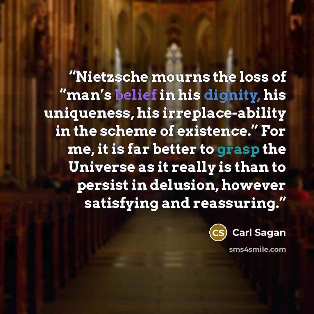 “Nietzsche mourns the loss of “man’s belief in his dignity, his uniqueness, his irreplace-ability in the scheme of existence.” For me, it is far better to grasp the Universe as it really is than to persist in delusion, however satisfying and reassuring.” quote by Carl Sagan