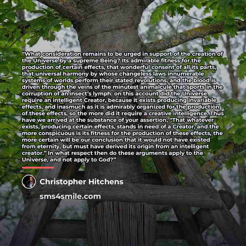 “What consideration remains to be urged in support of the creation of the Universe by a supreme Being? Its admirable fitness for the production of certain effects, that wonderful consent of all its parts, that universal harmony by whose changeless laws innumerable systems of worlds perform their…” quote by Christopher Hitchens