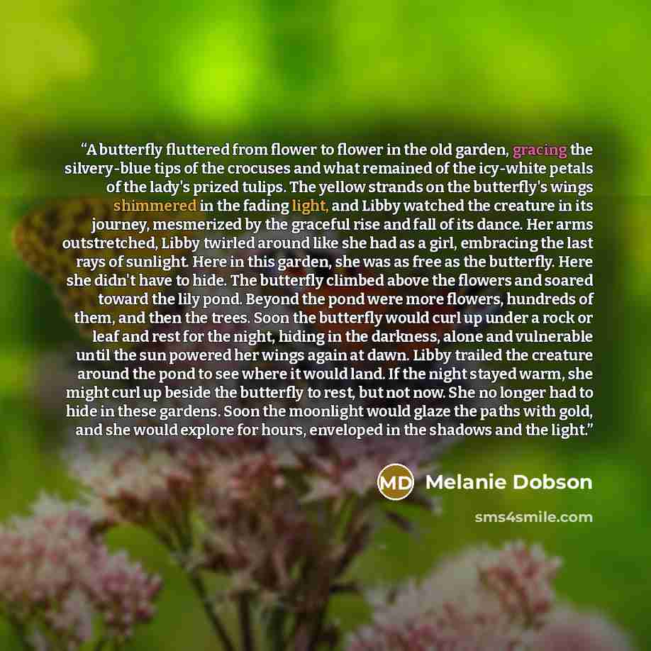 “A butterfly fluttered from flower to flower in the old garden, gracing the silvery-blue tips of the crocuses and what remained of the icy-white petals of the lady's prized tulips. The yellow strands on the butterfly's wings shimmered in the fading light, and Libby watched the creature in its…” quote by Melanie Dobson