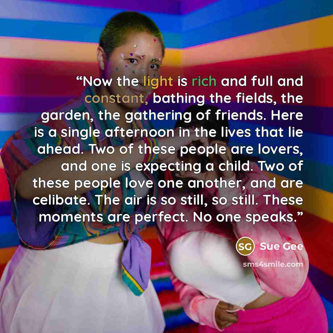 “Now the light is rich and full and constant, bathing the fields, the garden, the gathering of friends. Here is a single afternoon in the lives that lie ahead. Two of these people are lovers, and one is expecting a child. Two of these people love one another, and are celibate. The air is so still…” quote by Sue Gee