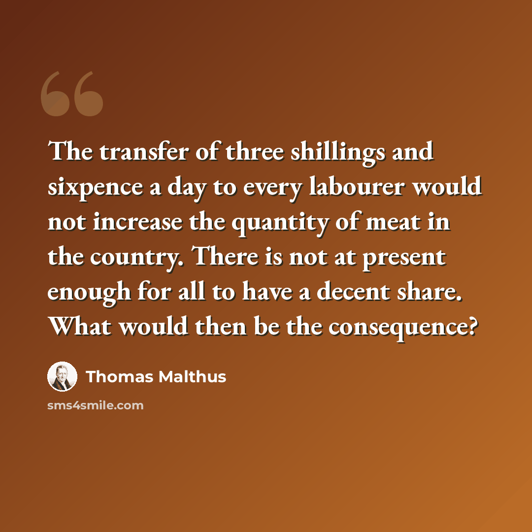 “The transfer of three shillings and sixpence a day to every labourer would not increase the quantity of meat in the country. There is not at present enough for all to have a decent share. What would then be the consequence?” quote by Thomas Malthus