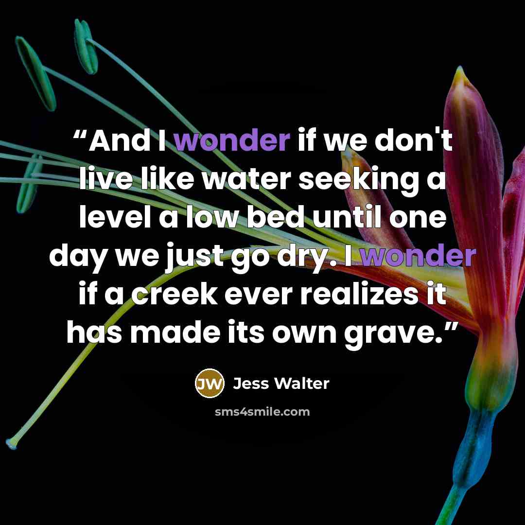 “And I wonder if we don't live like water seeking a level a low bed until one day we just go dry. I wonder if a creek ever realizes it has made its own grave.” quote by Jess Walter