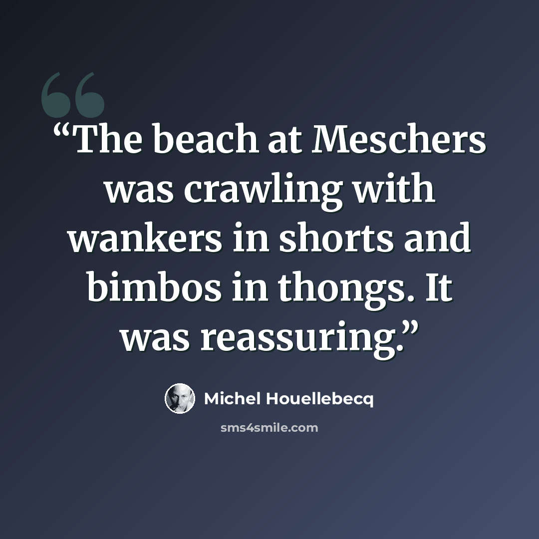 “The beach at Meschers was crawling with wankers in shorts and bimbos in thongs. It was reassuring.” quote by Michel Houellebecq