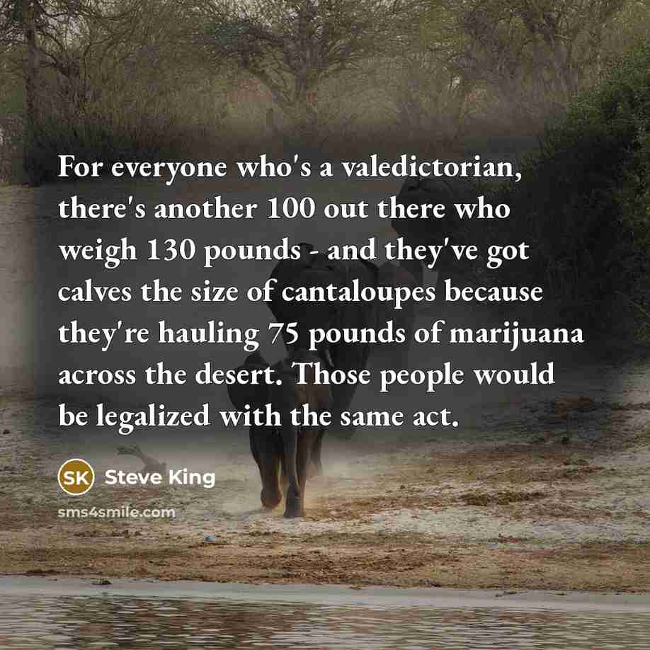 “For everyone who's a valedictorian, there's another 100 out there who weigh 130 pounds - and they've got calves the size of cantaloupes because they're hauling 75 pounds of marijuana across the desert. Those people would be legalized with the same act.” quote by Steve King