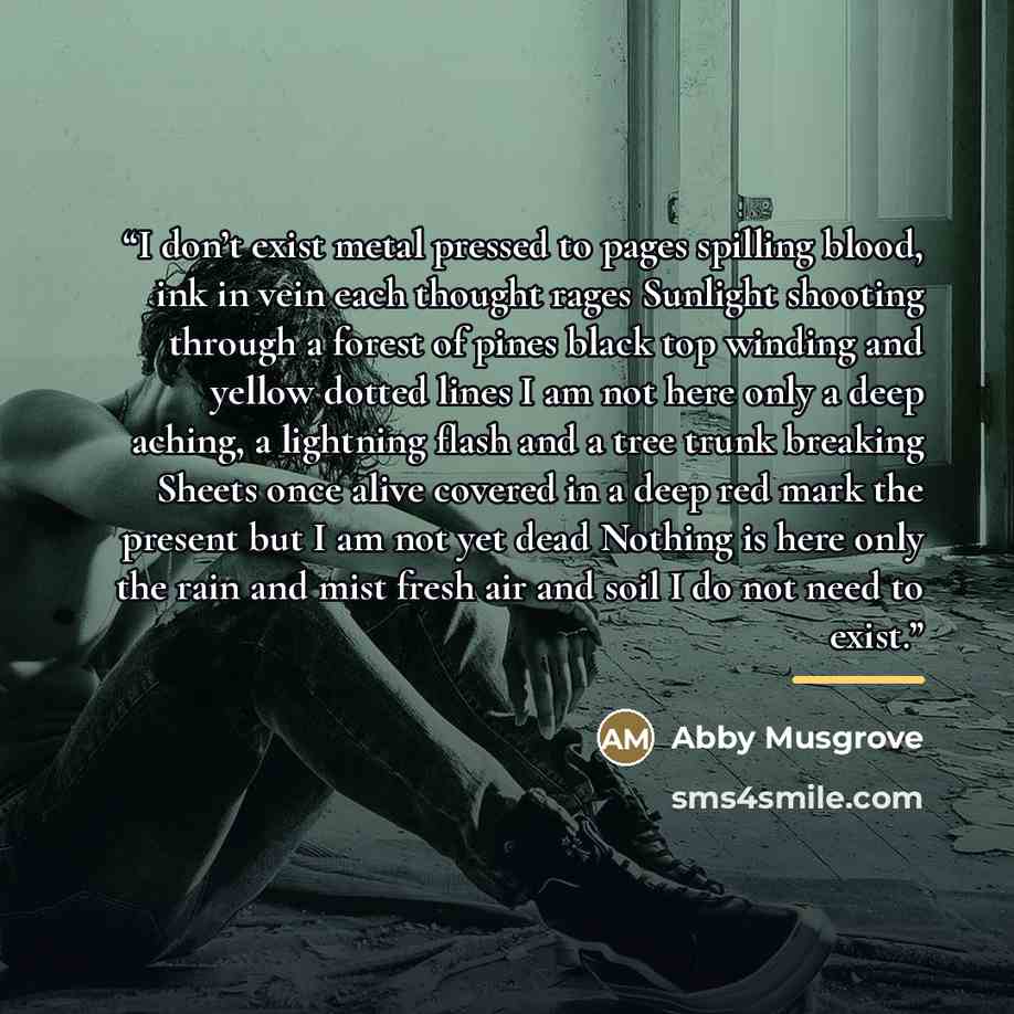 “I don’t exist metal pressed to pages spilling blood, ink in vein each thought rages Sunlight shooting through a forest of pines black top winding and yellow dotted lines I am not here only a deep aching, a lightning flash and a tree trunk breaking Sheets once alive covered in a deep red mark the…” quote by Abby Musgrove
