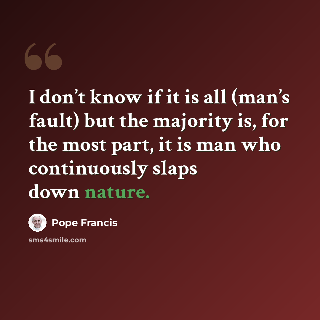“I don’t know if it is all (man’s fault) but the majority is, for the most part, it is man who continuously slaps down nature.” quote by Pope Francis