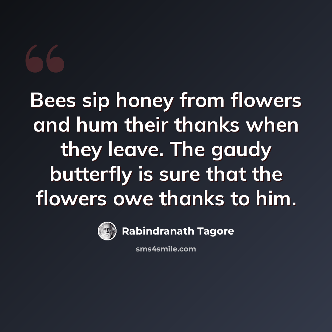 “Bees sip honey from flowers and hum their thanks when they leave. The gaudy butterfly is sure that the flowers owe thanks to him.” quote by Rabindranath Tagore