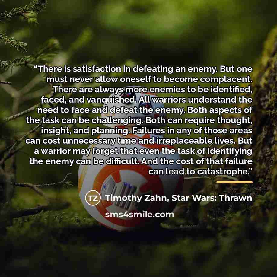 “There is satisfaction in defeating an enemy. But one must never allow oneself to become complacent. There are always more enemies to be identified, faced, and vanquished. All warriors understand the need to face and defeat the enemy. Both aspects of the task can be challenging. Both can require…” quote by Timothy Zahn, Star Wars: Thrawn