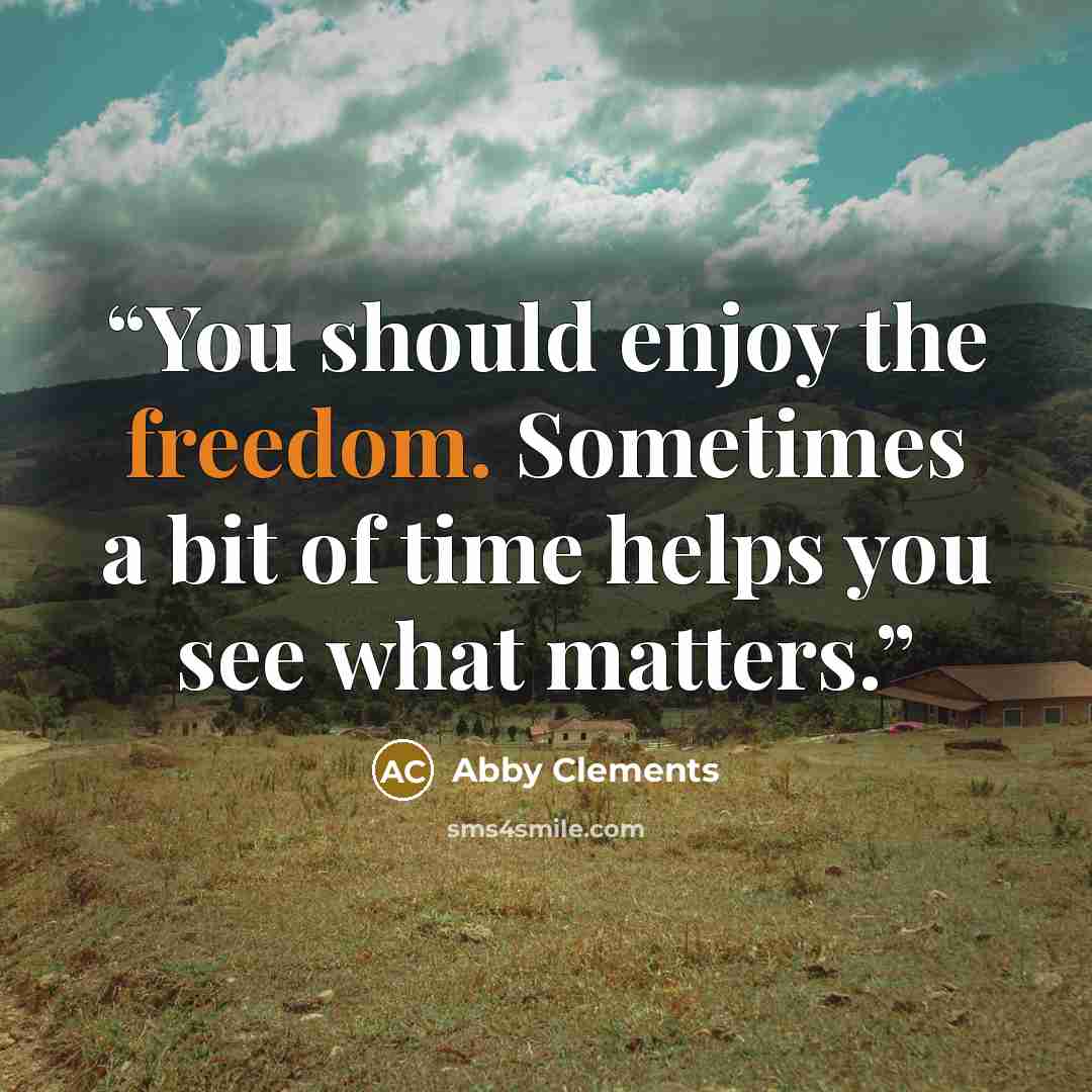 “You should enjoy the freedom. Sometimes a bit of time helps you see what matters.” quote by Abby Clements