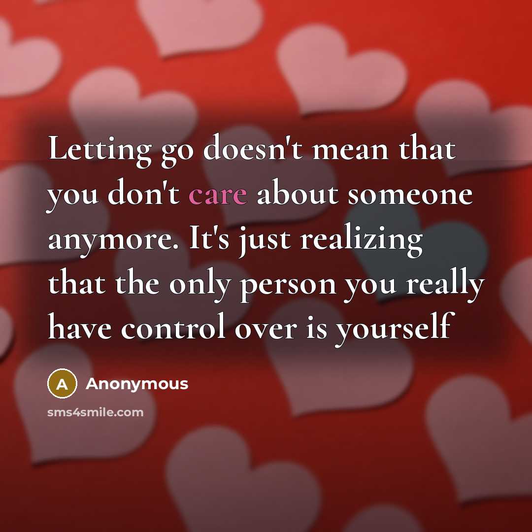 “Letting go doesn't mean that you don't care about someone anymore. It's just realizing that the only person you really have control over is yourself” quote by Anonymous