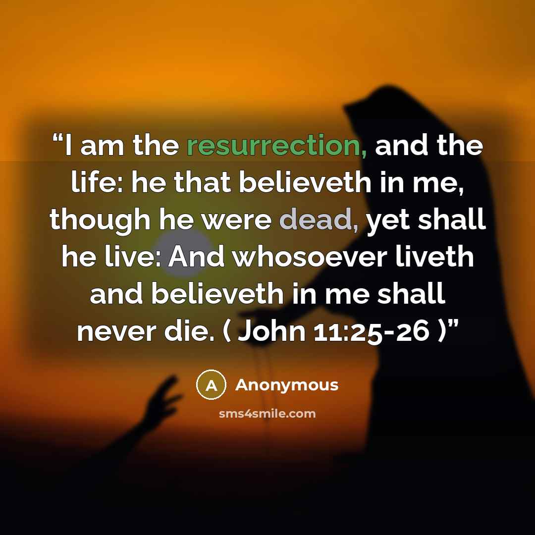 “I am the resurrection, and the life: he that believeth in me, though he were dead, yet shall he live: And whosoever liveth and believeth in me shall never die. ( John 11:25-26 )” quote by Anonymous