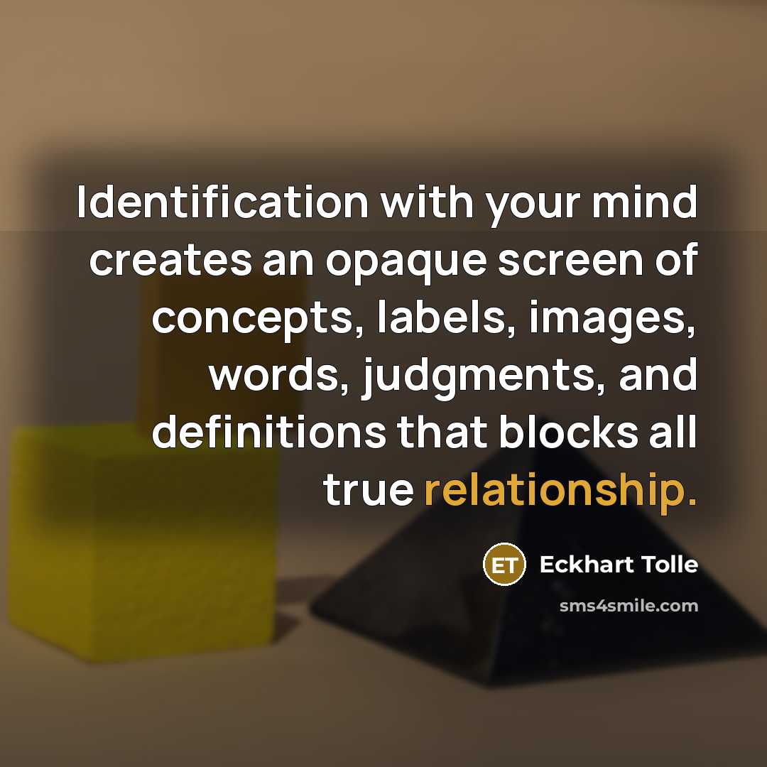 “Identification with your mind creates an opaque screen of concepts, labels, images, words, judgments, and definitions that blocks all true relationship.” quote by Eckhart Tolle
