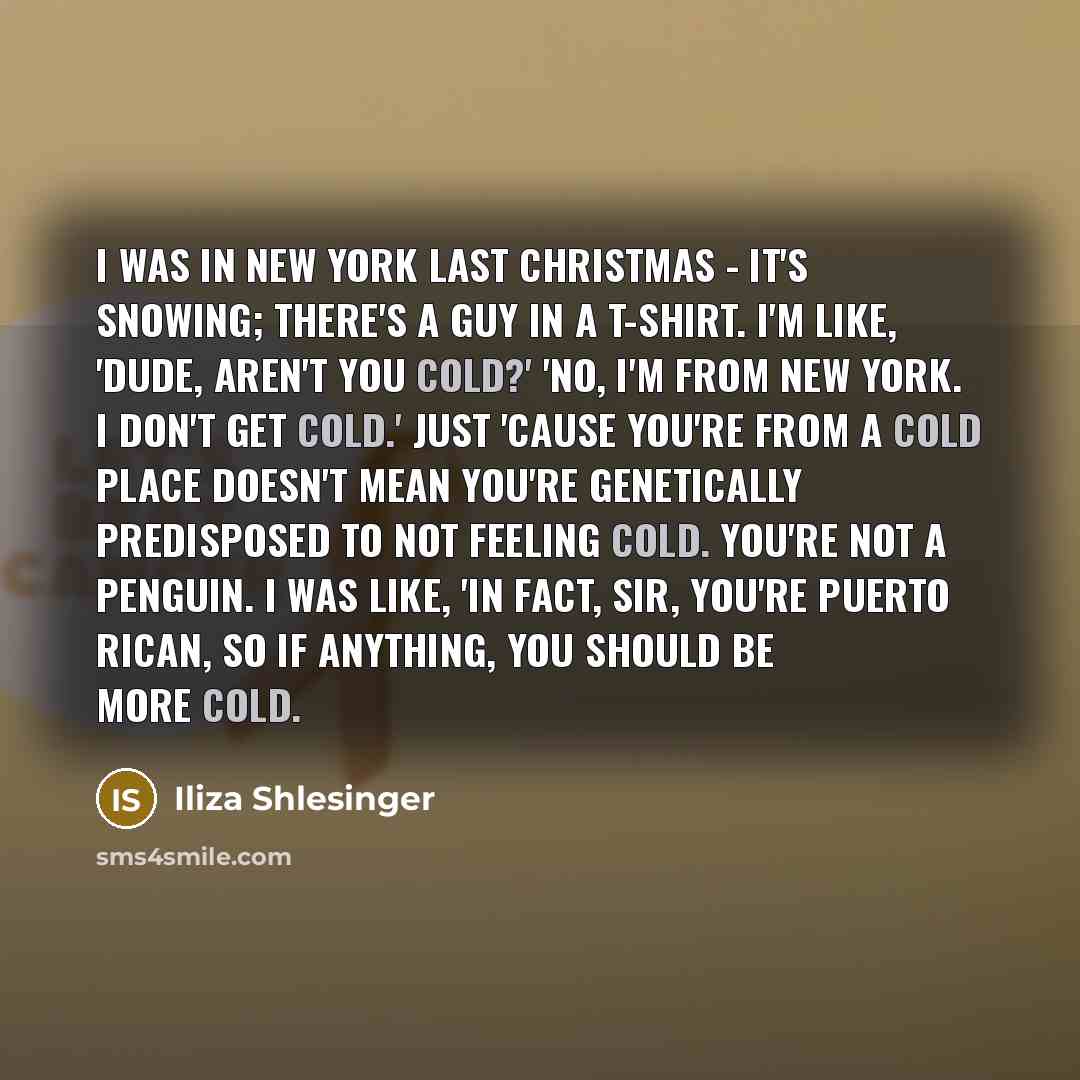 “I was in New York last Christmas - it's snowing; there's a guy in a t-shirt. I'm like, 'Dude, aren't you cold?' 'No, I'm from New York. I don't get cold.' Just 'cause you're from a cold place doesn't mean you're genetically predisposed to not feeling cold. You're not a penguin. I was like, 'In…” quote by Iliza Shlesinger
