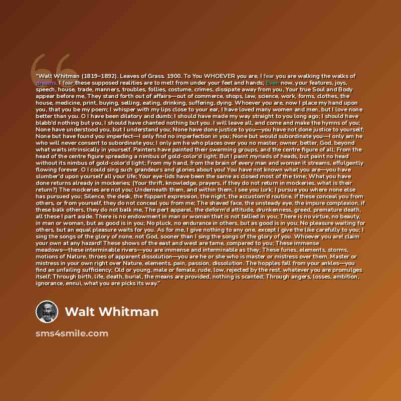 “Walt Whitman (1819–1892). Leaves of Grass. 1900. To You WHOEVER you are, I fear you are walking the walks of dreams, I fear these supposed realities are to melt from under your feet and hands; Even now, your features, joys, speech, house, trade, manners, troubles, follies, costume, crimes…” quote by Walt Whitman