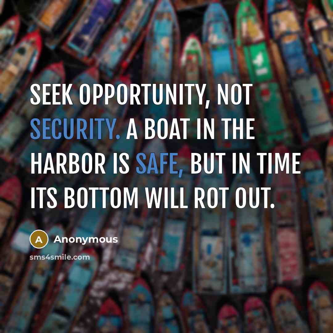 “Seek opportunity, not security. A boat in the harbor is safe, but in time its bottom will rot out.” quote by Anonymous