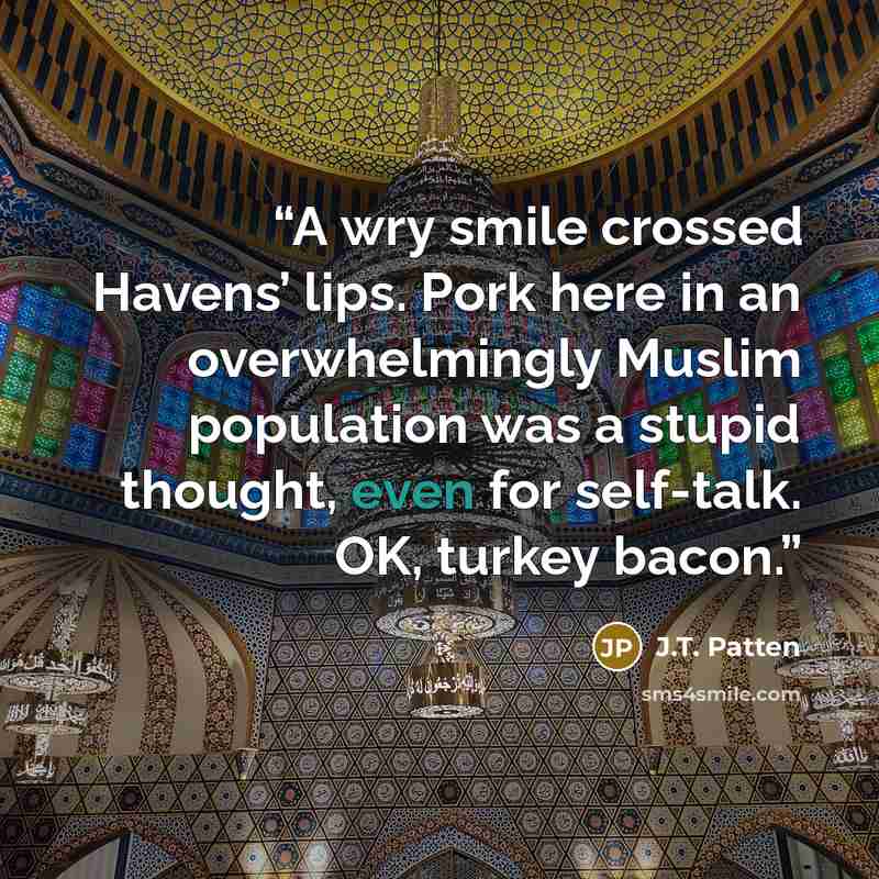 “A wry smile crossed Havens’ lips. Pork here in an overwhelmingly Muslim population was a stupid thought, even for self-talk. OK, turkey bacon.” quote by J.T. Patten