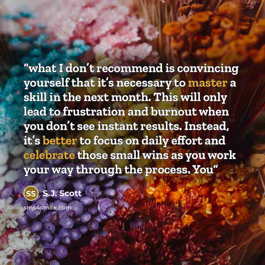 “what I don’t recommend is convincing yourself that it’s necessary to master a skill in the next month. This will only lead to frustration and burnout when you don’t see instant results. Instead, it’s better to focus on daily effort and celebrate those small wins as you work your way through the…” quote by S.J. Scott