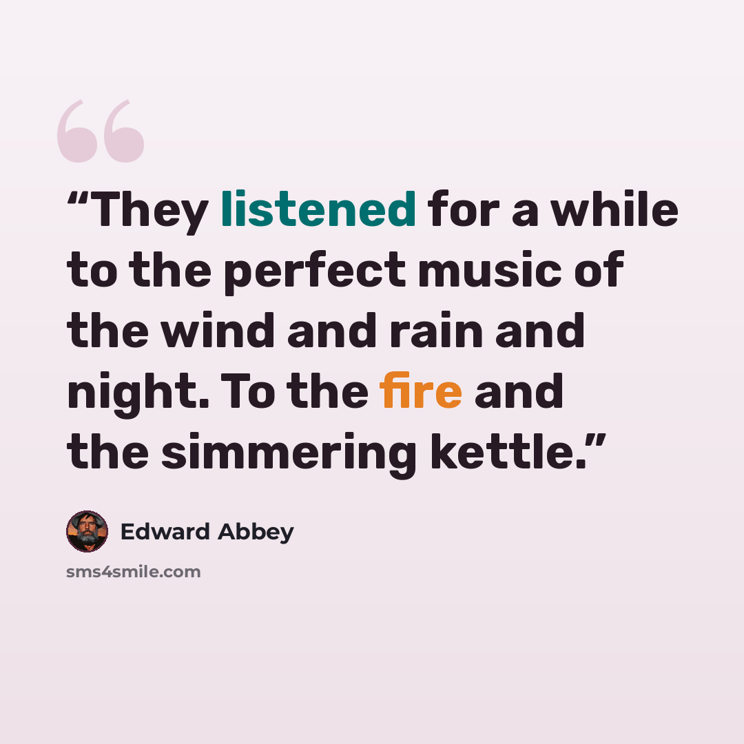 “They listened for a while to the perfect music of the wind and rain and night. To the fire and the simmering kettle.” quote by Edward Abbey