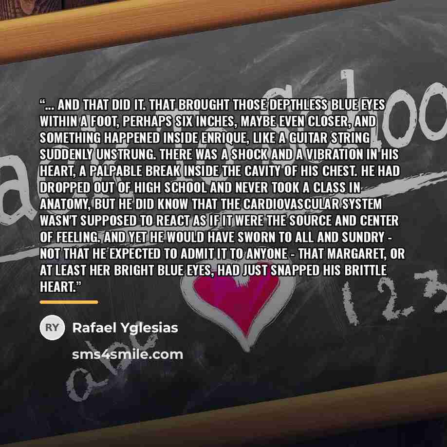 “... and that did it. That brought those depthless blue eyes within a foot, perhaps six inches, maybe even closer, and something happened inside Enrique, like a guitar string suddenly unstrung. There was a shock and a vibration in his heart, a palpable break inside the cavity of his chest. He had…” quote by Rafael Yglesias