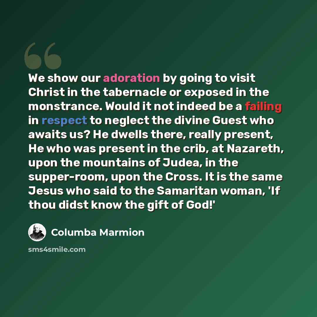 “We show our adoration by going to visit Christ in the tabernacle or exposed in the monstrance. Would it not indeed be a failing in respect to neglect the divine Guest who awaits us? He dwells there, really present, He who was present in the crib, at Nazareth, upon the mountains of Judea, in the…” quote by Columba Marmion