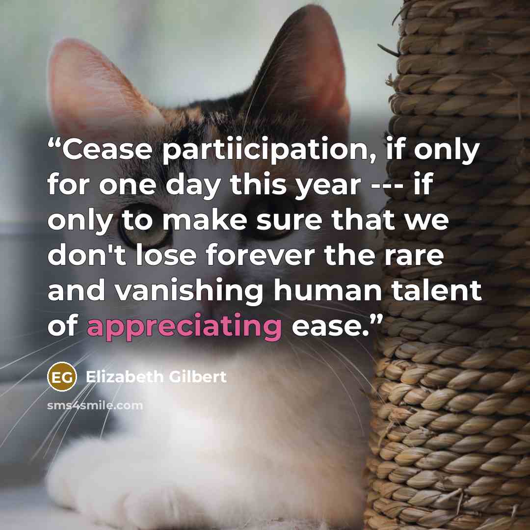 “Cease partiicipation, if only for one day this year --- if only to make sure that we don't lose forever the rare and vanishing human talent of appreciating ease.” quote by Elizabeth Gilbert