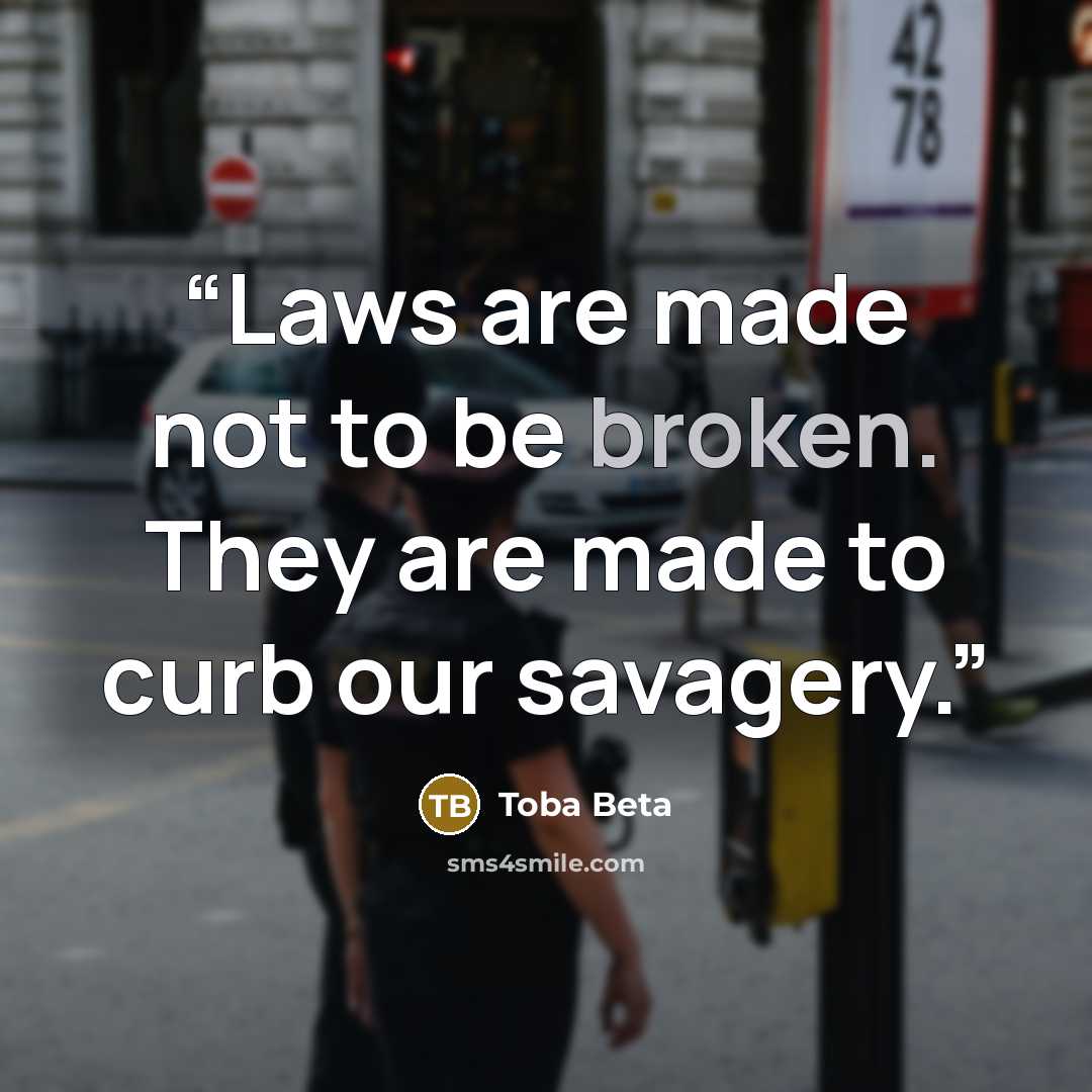 “Laws are made not to be broken. They are made to curb our savagery.” quote by Toba Beta