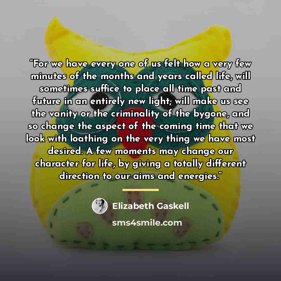 “For we have every one of us felt how a very few minutes of the months and years called life, will sometimes suffice to place all time past and future in an entirely new light; will make us see the vanity or the criminality of the bygone, and so change the aspect of the coming time that we look…” quote by Elizabeth Gaskell