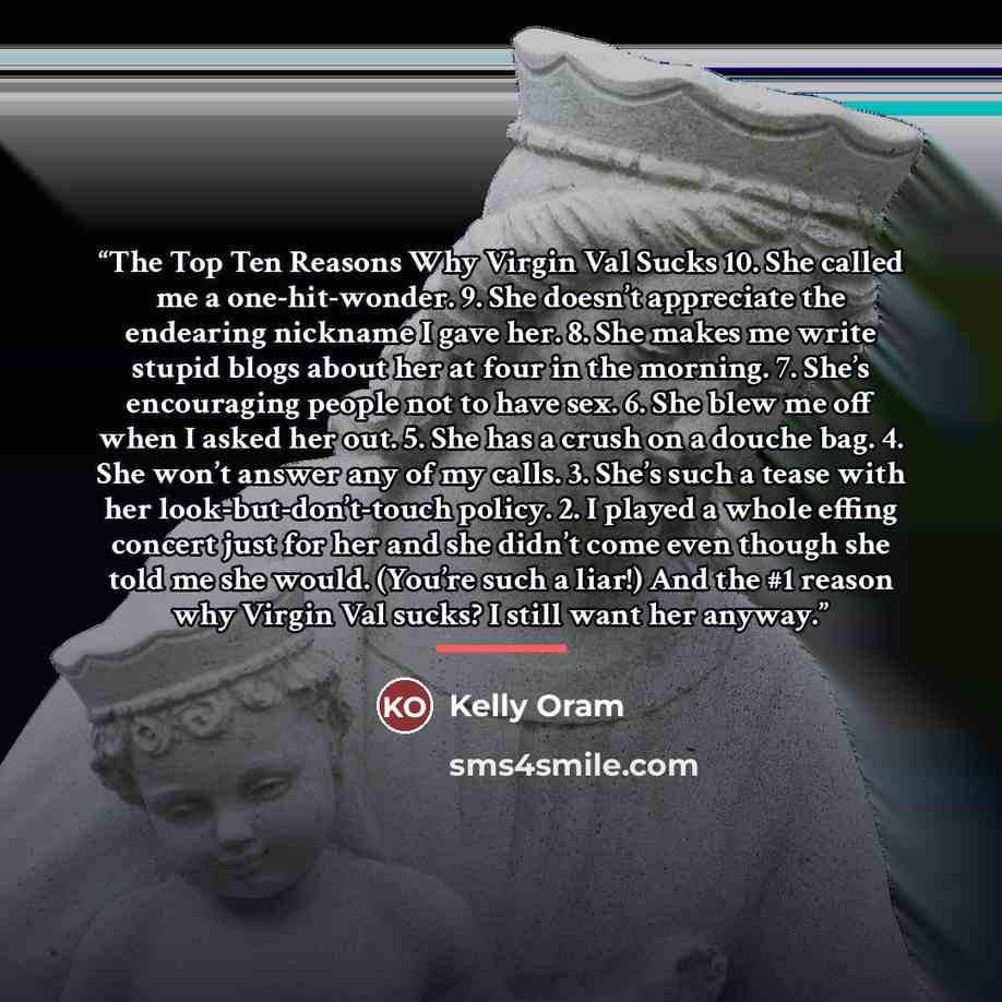 “The Top Ten Reasons Why Virgin Val Sucks 10. She called me a one-hit-wonder. 9. She doesn’t appreciate the endearing nickname I gave her. 8. She makes me write stupid blogs about her at four in the morning. 7. She’s encouraging people not to have sex. 6. She blew me off when I asked her out. 5…” quote by Kelly Oram
