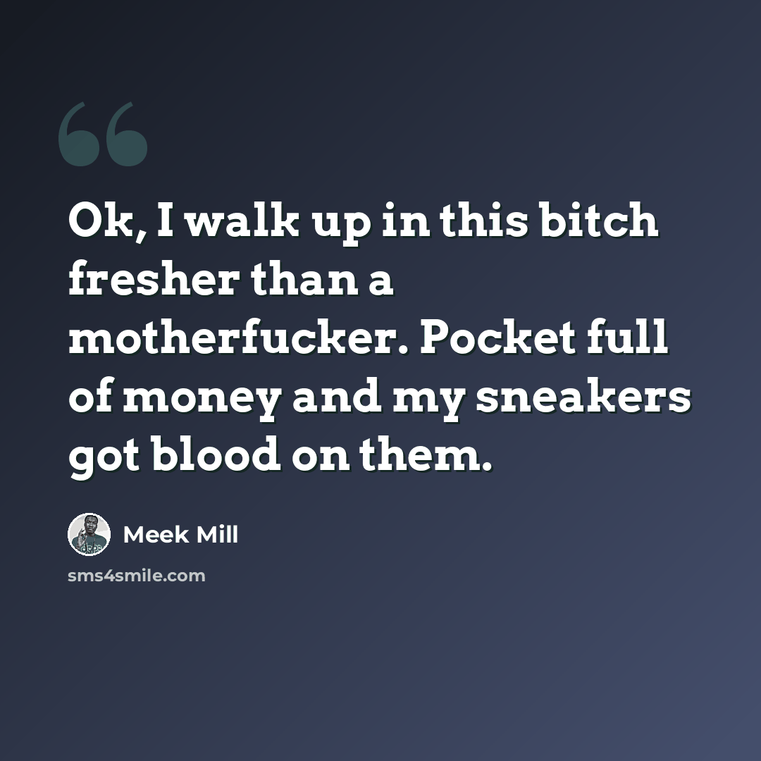 “Ok, I walk up in this bitch fresher than a motherfucker. Pocket full of money and my sneakers got blood on them.” quote by Meek Mill