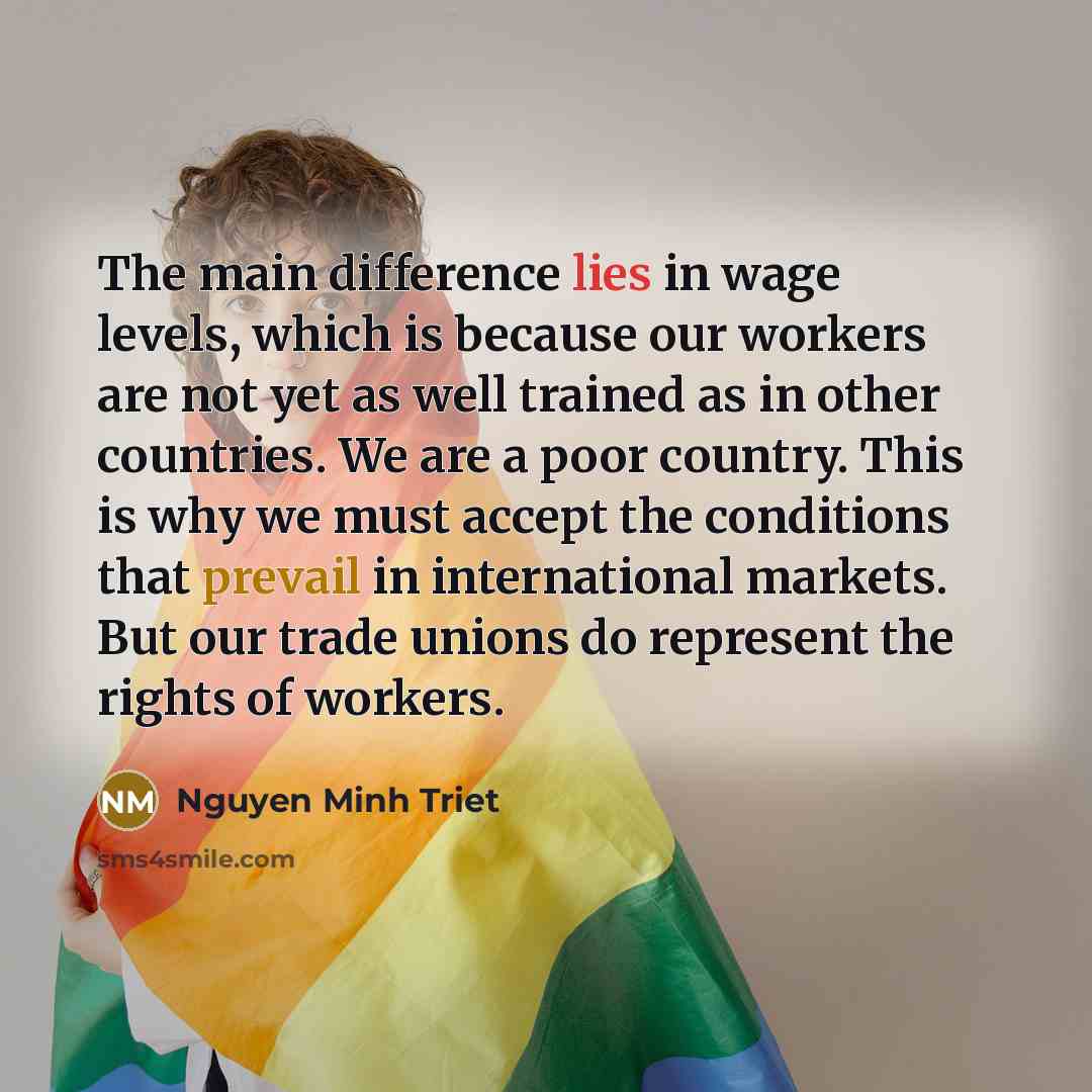 “The main difference lies in wage levels, which is because our workers are not yet as well trained as in other countries. We are a poor country. This is why we must accept the conditions that prevail in international markets. But our trade unions do represent the rights of workers.” quote by Nguyen Minh Triet