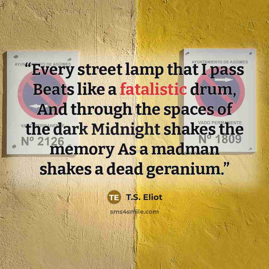 “Every street lamp that I pass Beats like a fatalistic drum, And through the spaces of the dark Midnight shakes the memory As a madman shakes a dead geranium.” quote by T.S. Eliot