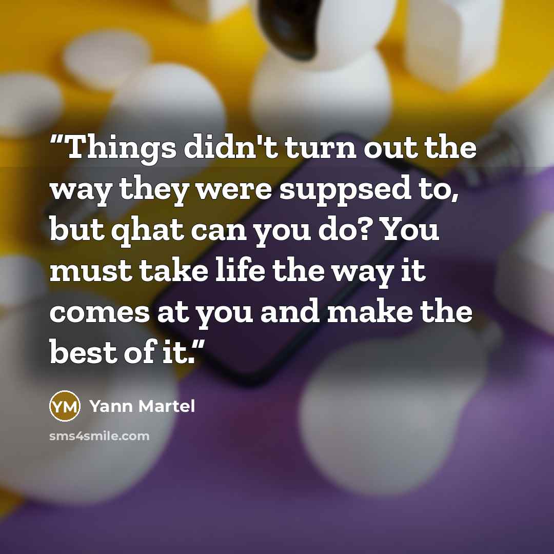 “Things didn't turn out the way they were suppsed to, but qhat can you do? You must take life the way it comes at you and make the best of it.” quote by Yann Martel