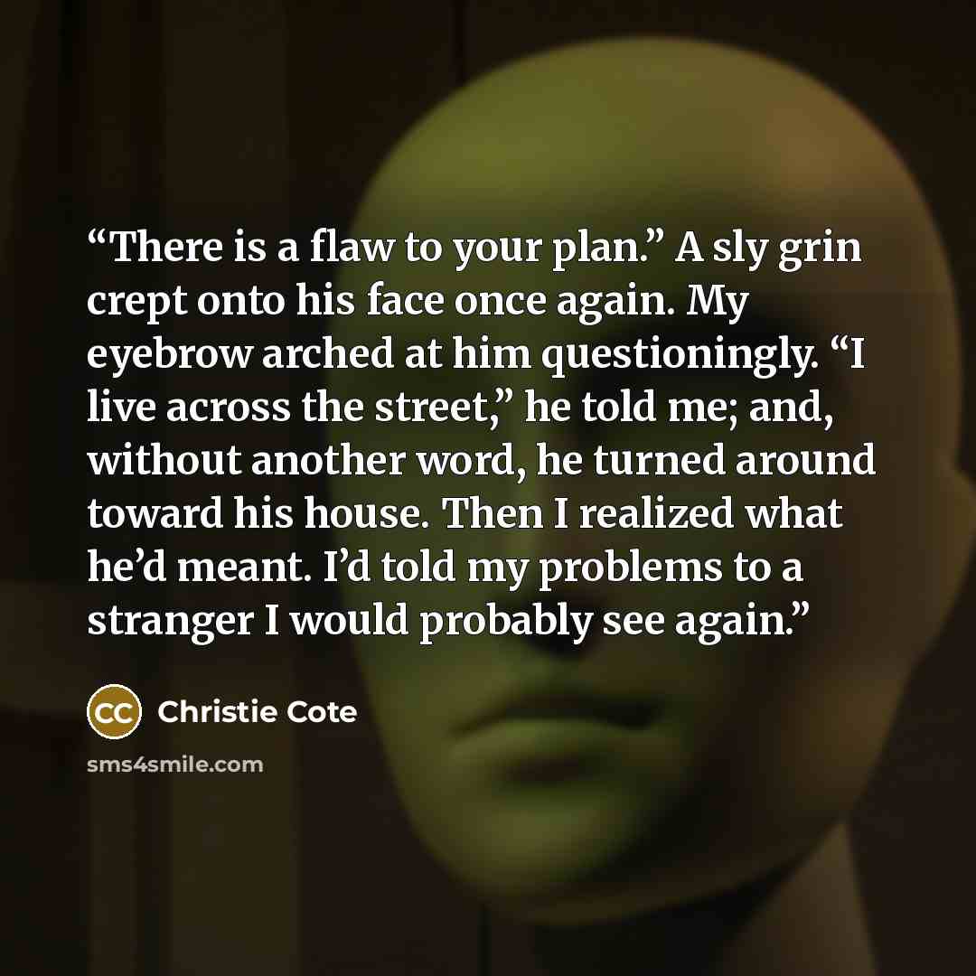 “There is a flaw to your plan.” A sly grin crept onto his face once again. My eyebrow arched at him questioningly. “I live across the street,” he told me; and, without another word, he turned around toward his house. Then I realized what he’d meant. I’d told my problems to a stranger I would…” quote by Christie Cote