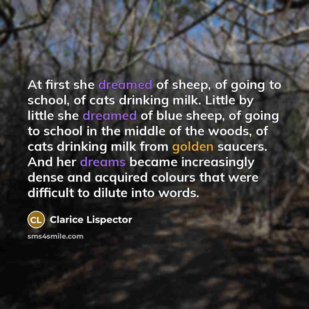“At first she dreamed of sheep, of going to school, of cats drinking milk. Little by little she dreamed of blue sheep, of going to school in the middle of the woods, of cats drinking milk from golden saucers. And her dreams became increasingly dense and acquired colours that were difficult to…” quote by Clarice Lispector