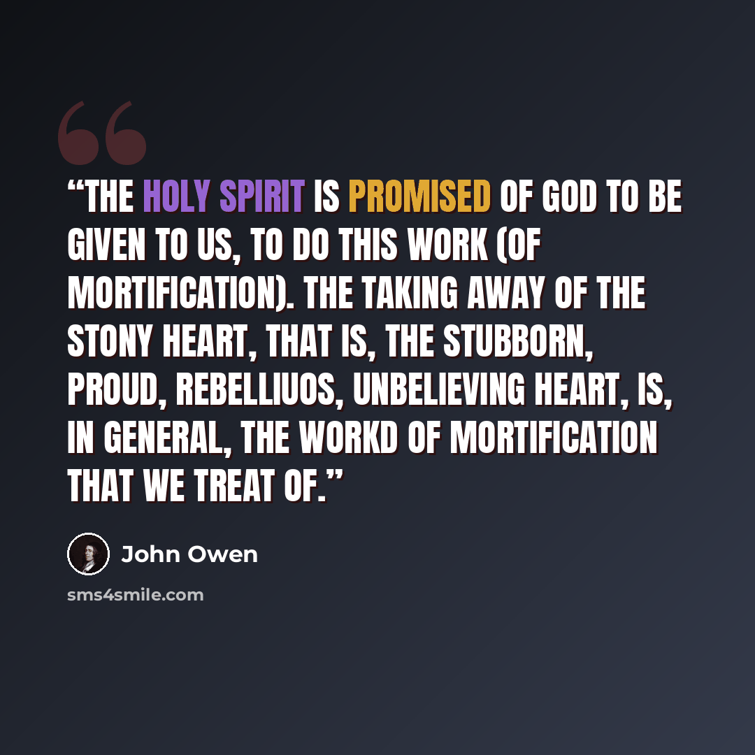 “The Holy Spirit is promised of God to be given to us, to do this work (of mortification). The taking away of the stony heart, that is, the stubborn, proud, rebelliuos, unbelieving heart, is, in general, the workd of mortification that we treat of.” quote by John Owen
