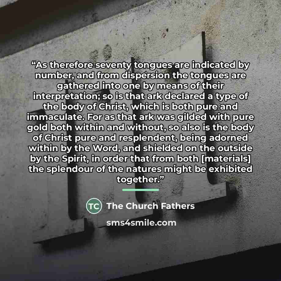 “As therefore seventy tongues are indicated by number, and from dispersion the tongues are gathered into one by means of their interpretation; so is that ark declared a type of the body of Christ, which is both pure and immaculate. For as that ark was gilded with pure gold both within and without…” quote by The Church Fathers