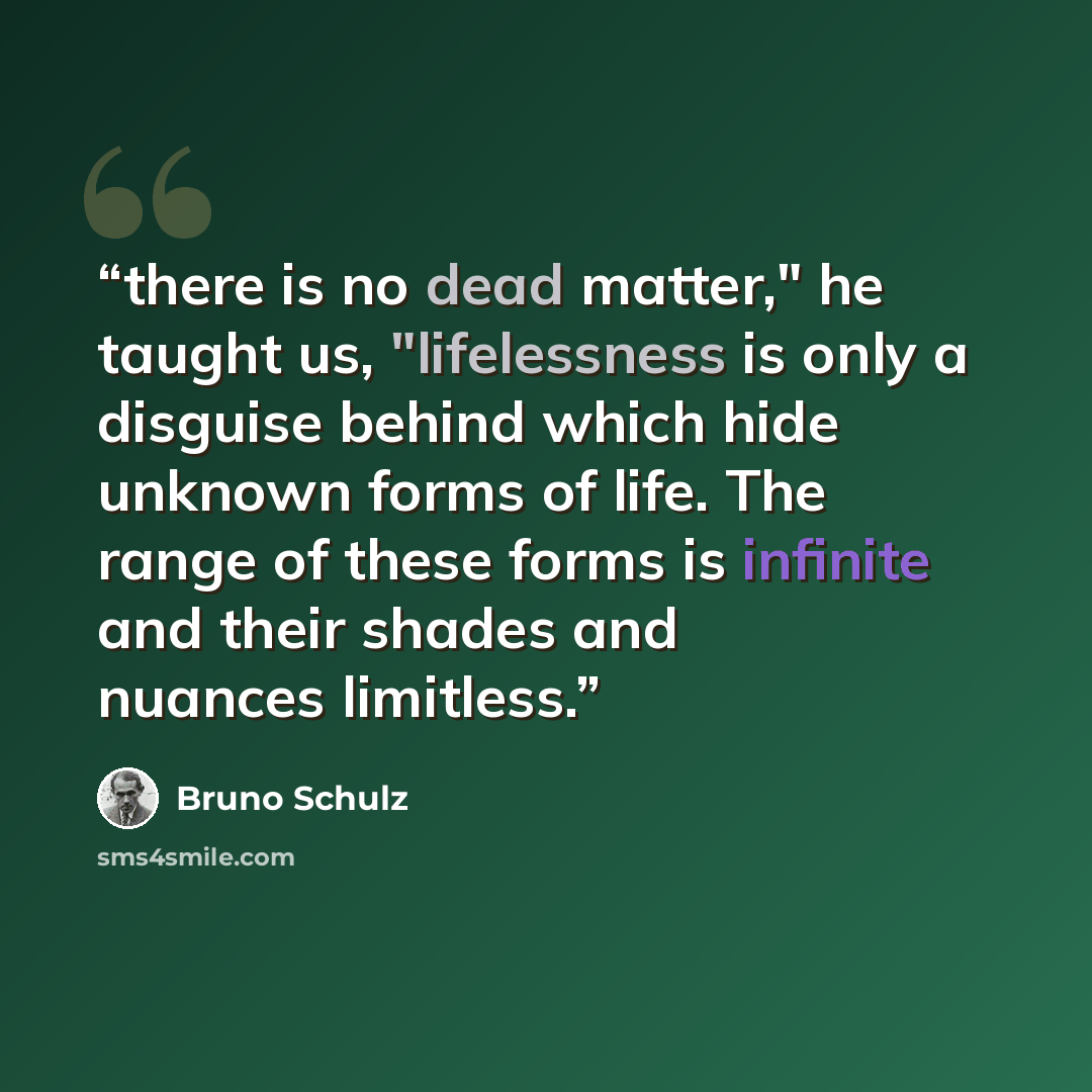 “there is no dead matter," he taught us, "lifelessness is only a disguise behind which hide unknown forms of life. The range of these forms is infinite and their shades and nuances limitless.” quote by Bruno Schulz