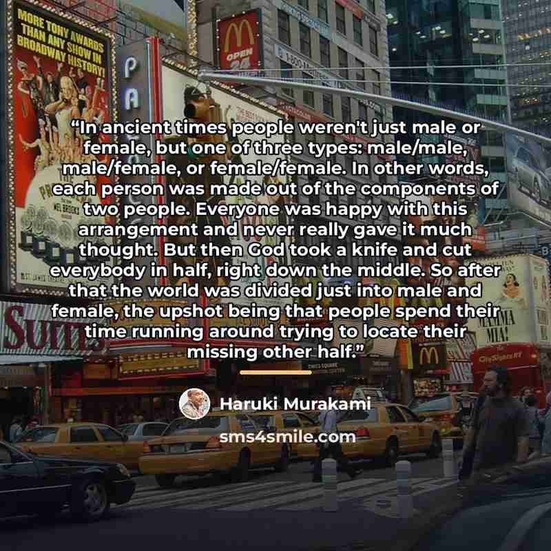 “In ancient times people weren't just male or female, but one of three types: male/male, male/female, or female/female. In other words, each person was made out of the components of two people. Everyone was happy with this arrangement and never really gave it much thought. But then God took a knife…” quote by Haruki Murakami